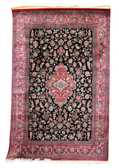Hand-Knotted Pure Silk Persian Qom Rug Floral Design-#189