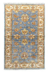 Hand-knotted Afghani Chobi Rug on a cotton base with slate blue field and golden-tan floral palmettes - #4872.