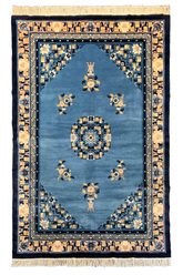Hand-knotted Chinese vintage wool rug featuring golden wheat and blue botanical patterns - #277-97917.