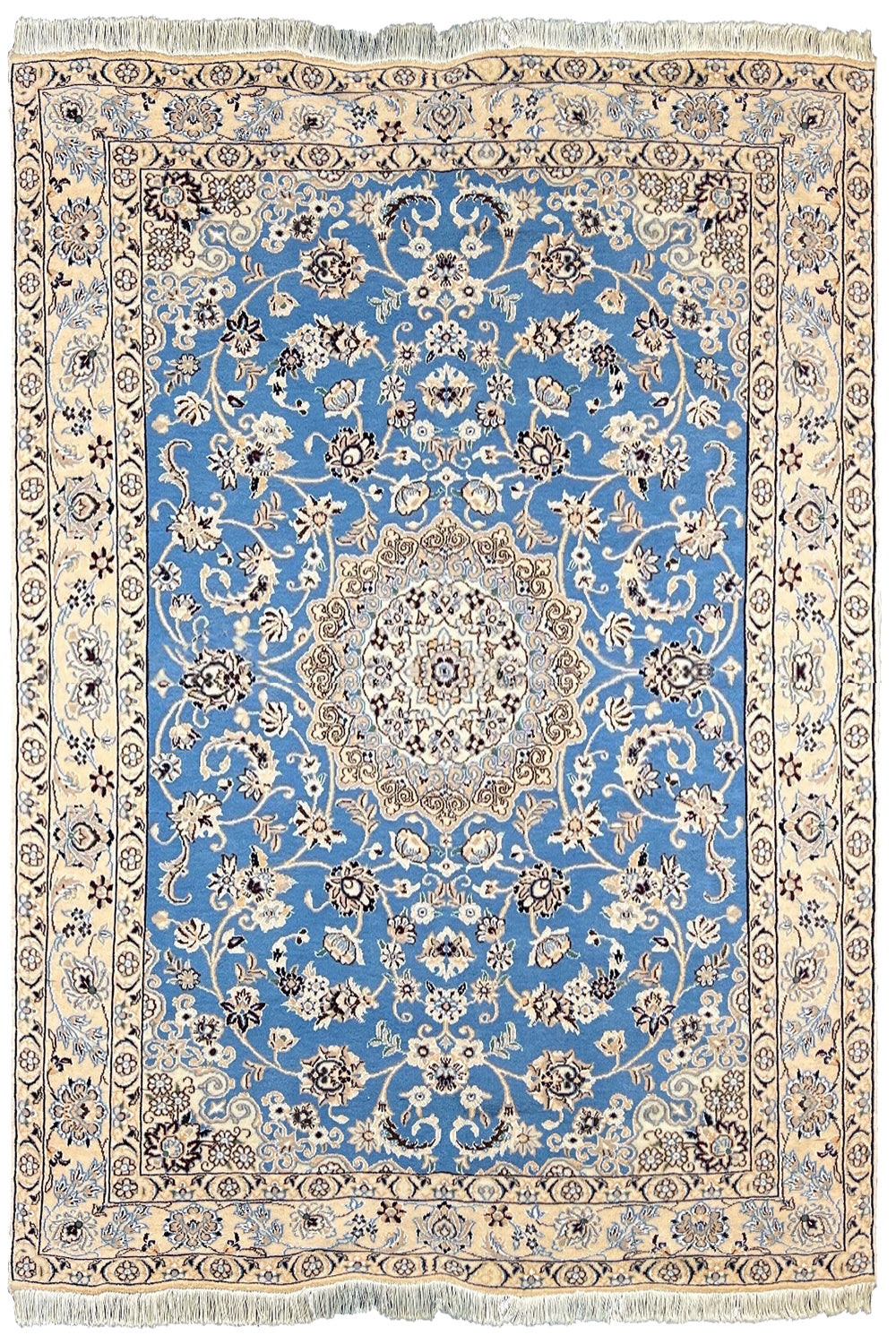 Hand-knotted Blue Nain 9-La rug in wool with silk highlights on a cotton base featuring a cream medallion on a brilliant blue field - #6389.