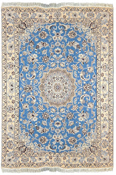 Hand-knotted Blue Nain 9-La rug in wool with silk highlights on a cotton base featuring a cream medallion on a brilliant blue field - #6389.