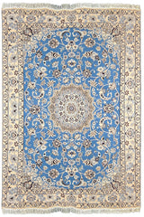 Hand-knotted Blue Nain 9-La rug in wool with silk highlights on a cotton base featuring a cream medallion on a brilliant blue field - #6389.