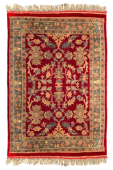Hand-knotted crimson floral rug with sage and gold botanical patterns on a cotton base - #288.
