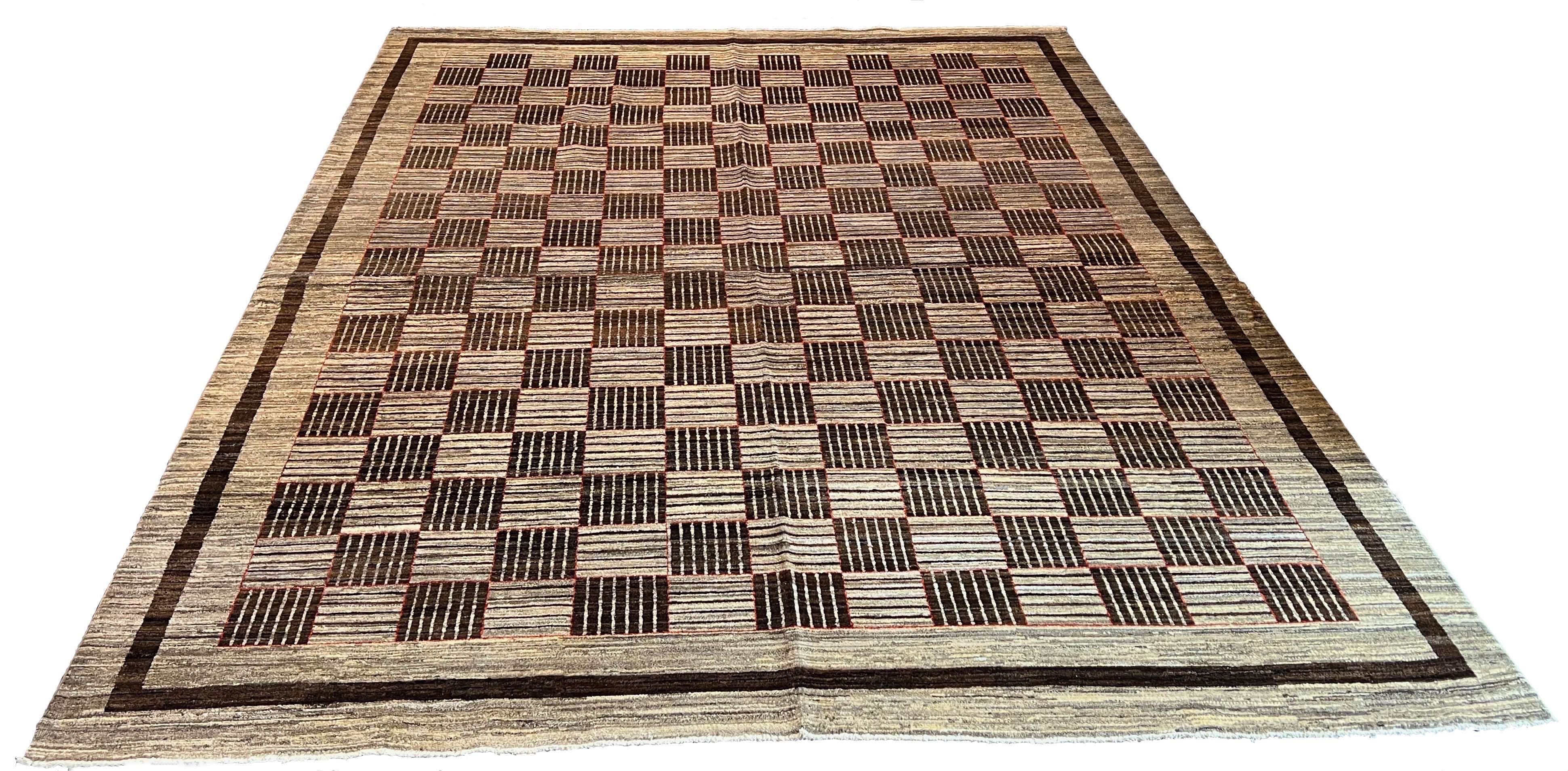 Large hand-knotted #3466 Gabbeh rug with geometric tribal patterns, soft high-pile wool on a durable cotton base by AL-SHAHZADI HK LIMITED (11'4" x 9'3").