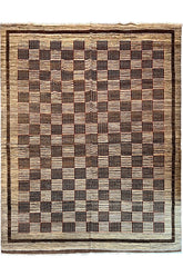 Large hand-knotted #3466 Gabbeh rug with geometric tribal patterns, soft high-pile wool on a durable cotton base by AL-SHAHZADI HK LIMITED (11'4" x 9'3").