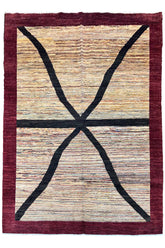 Hand-knotted curvilinear X-pattern Gabbeh rug with plum burgundy border in wool on a cotton foundation #2276.