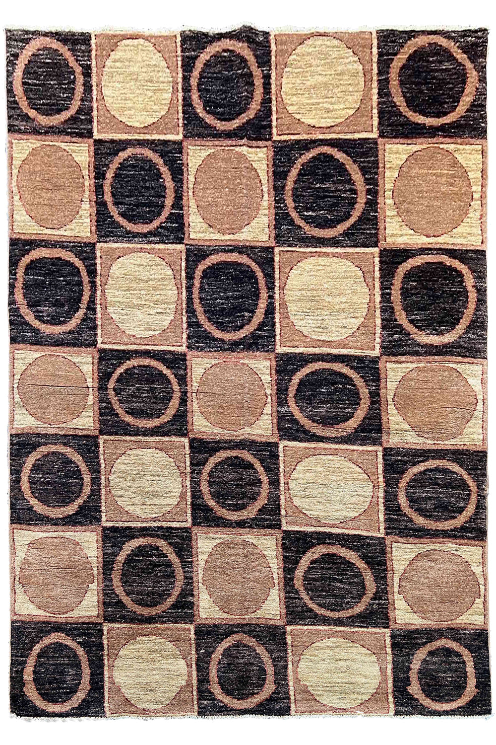 Hand-knotted geometric circular grid Gabbeh rug in cream, charcoal, and terracotta wool on a cotton foundation #3708.