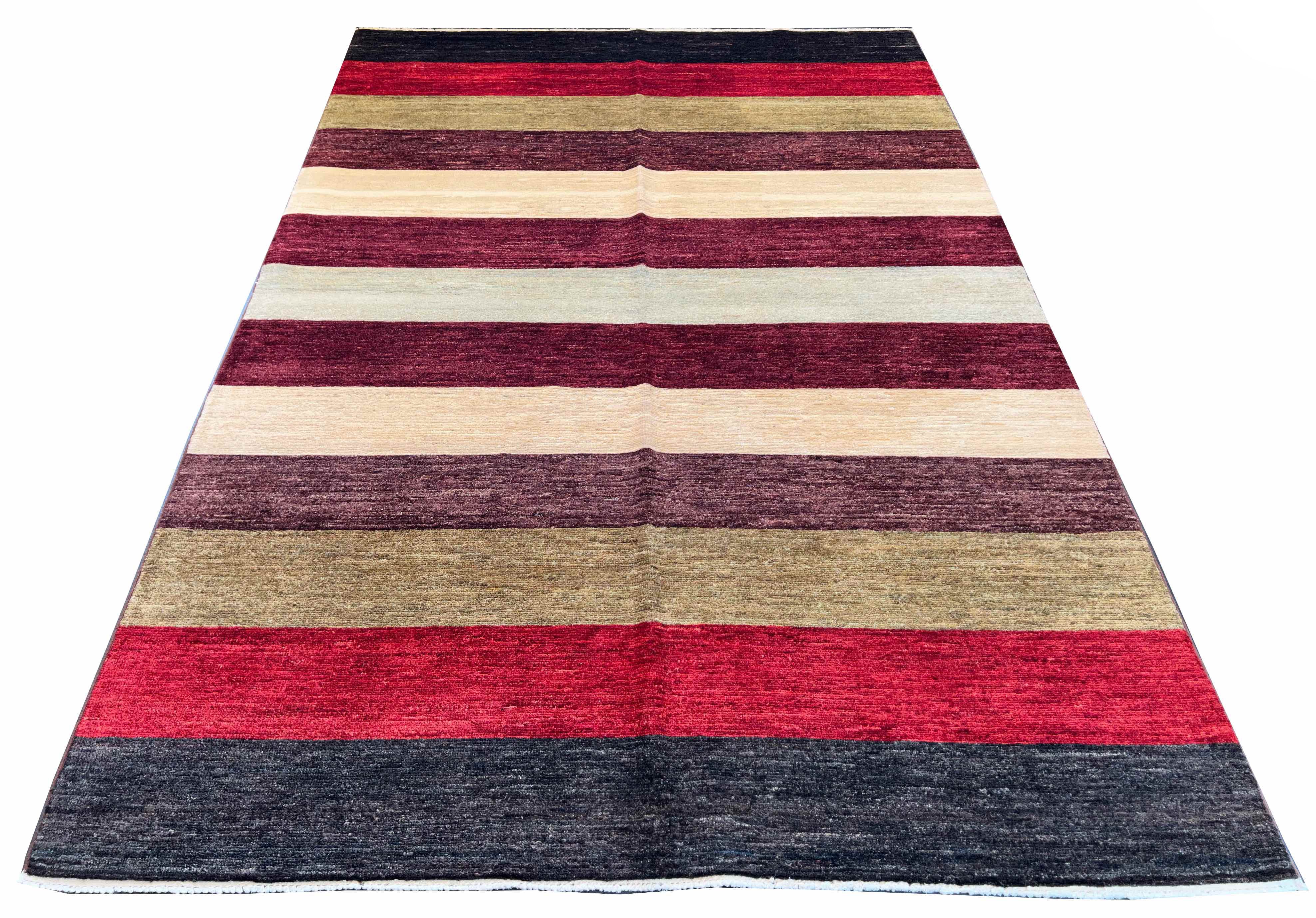 Hand-knotted multi-color horizontal stripe Gabbeh rug in burgundy, cream, and olive wool on a cotton foundation #3738. N/A