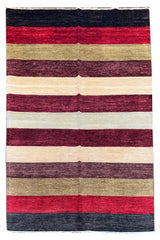 Hand-knotted multi-color horizontal stripe Gabbeh rug in burgundy, cream, and olive wool on a cotton foundation #3738.