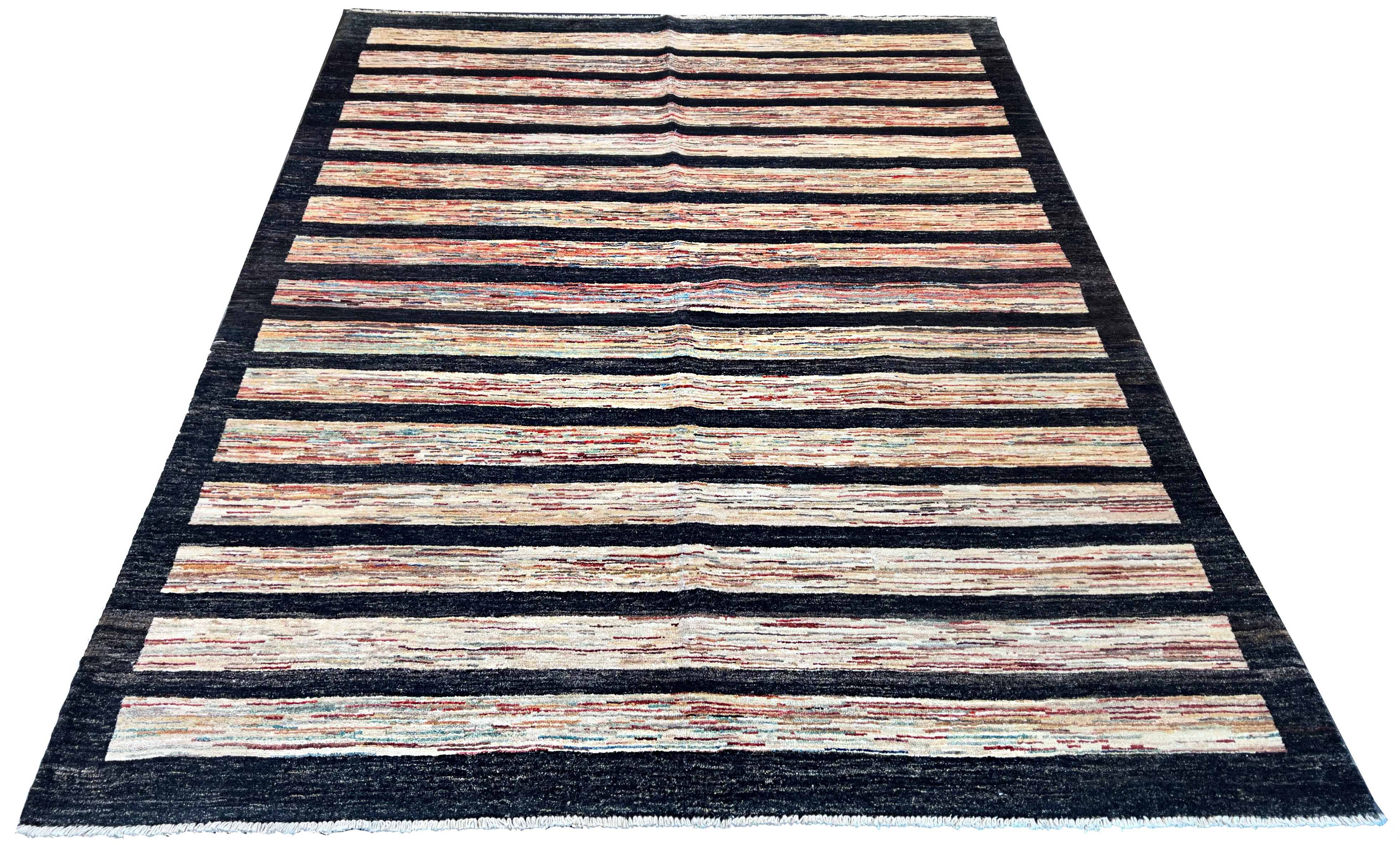 Hand-knotted multi-color thin horizontal stripe Gabbeh rug in charcoal and cream wool on a cotton foundation #2510.