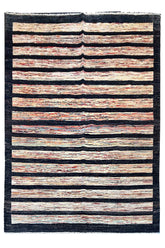 Hand-knotted multi-color thin horizontal stripe Gabbeh rug in charcoal and cream wool on a cotton foundation #2510.