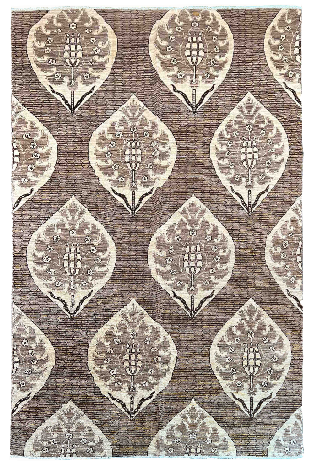 Hand-knotted Gabbeh rug in taupe wool on a cotton base with repeating ivory Boteh or paisley seed medallions - #5147.
