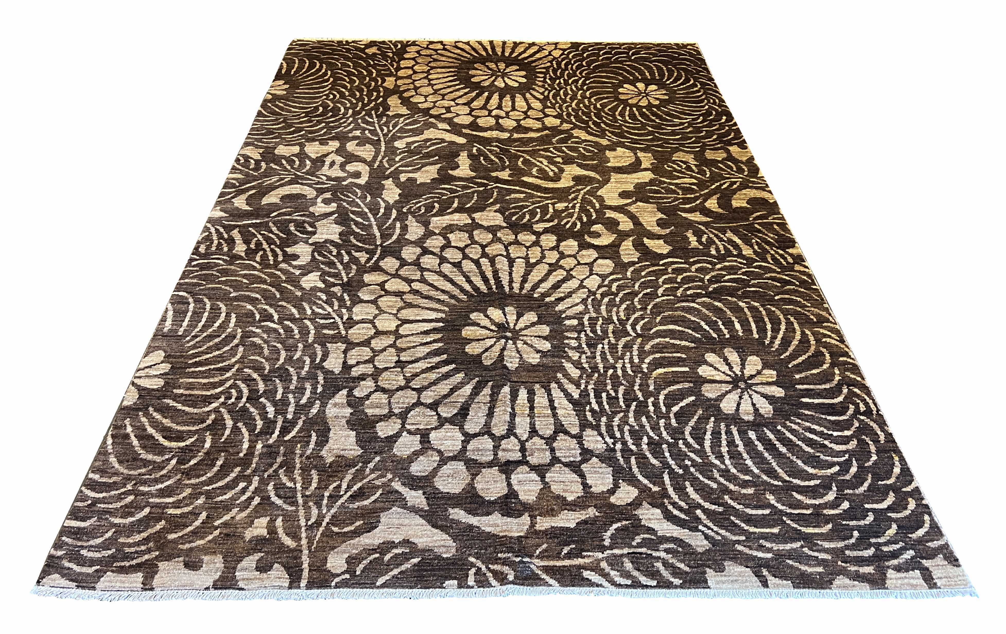 Hand-knotted Gabbeh rug in earth-toned wool on a cotton base with large repeating floral chrysanthemum patterns - #5148.