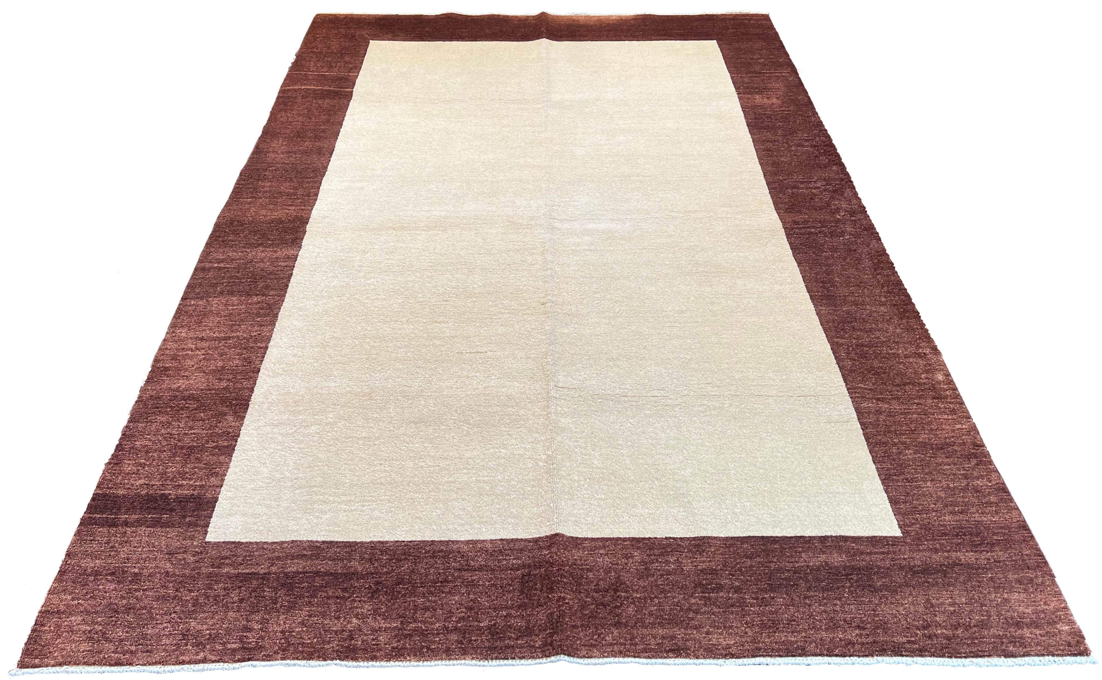 Angular perspective of hand-knotted Gabbeh rug 3741 highlighting the thick, plush wool texture and clean minimalist frame.