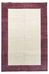 Hand-knotted minimalist border Gabbeh rug in cream and plum burgundy wool on a cotton foundation #3752.
