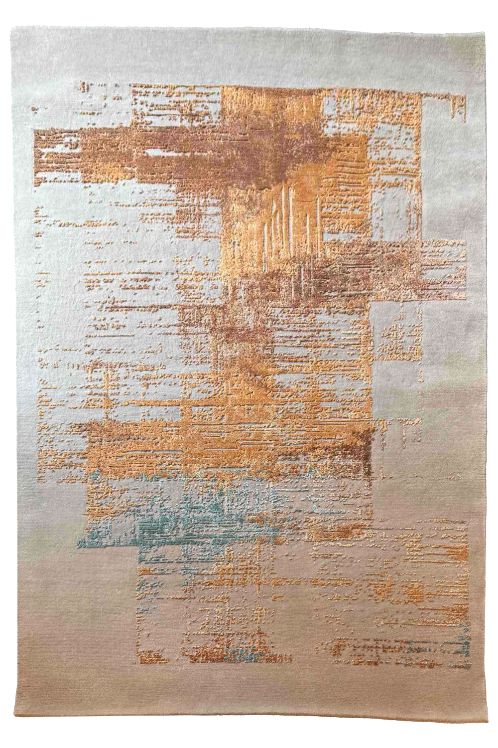 Hand-knotted modern abstract rug featuring a multi-color blend of gold, copper, and teal bamboo silk - #YM-A-104.