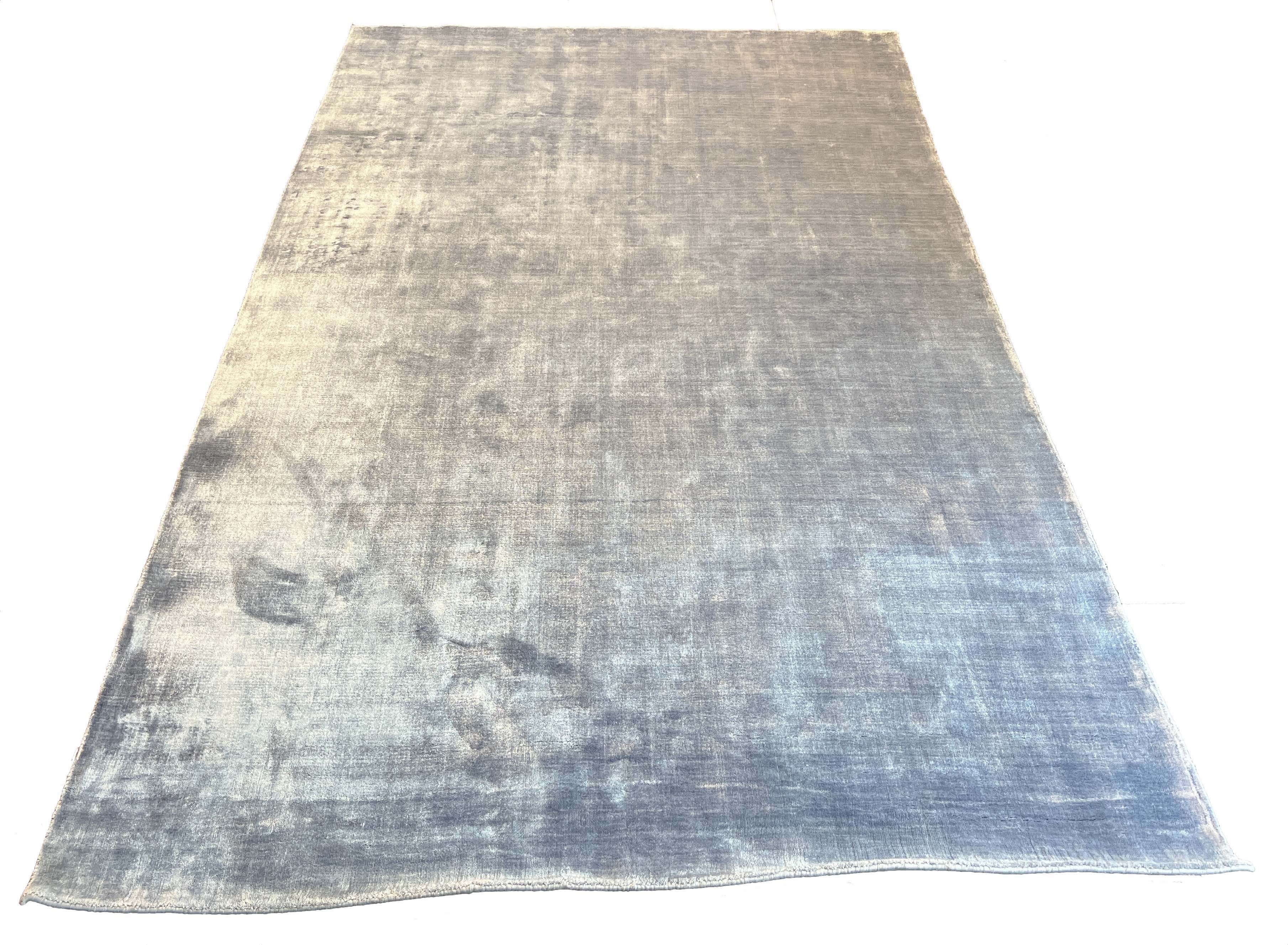 Lustrous handmade modern abstract 100% blue bamboo silk rug with radiant light-reflecting textures #8347.