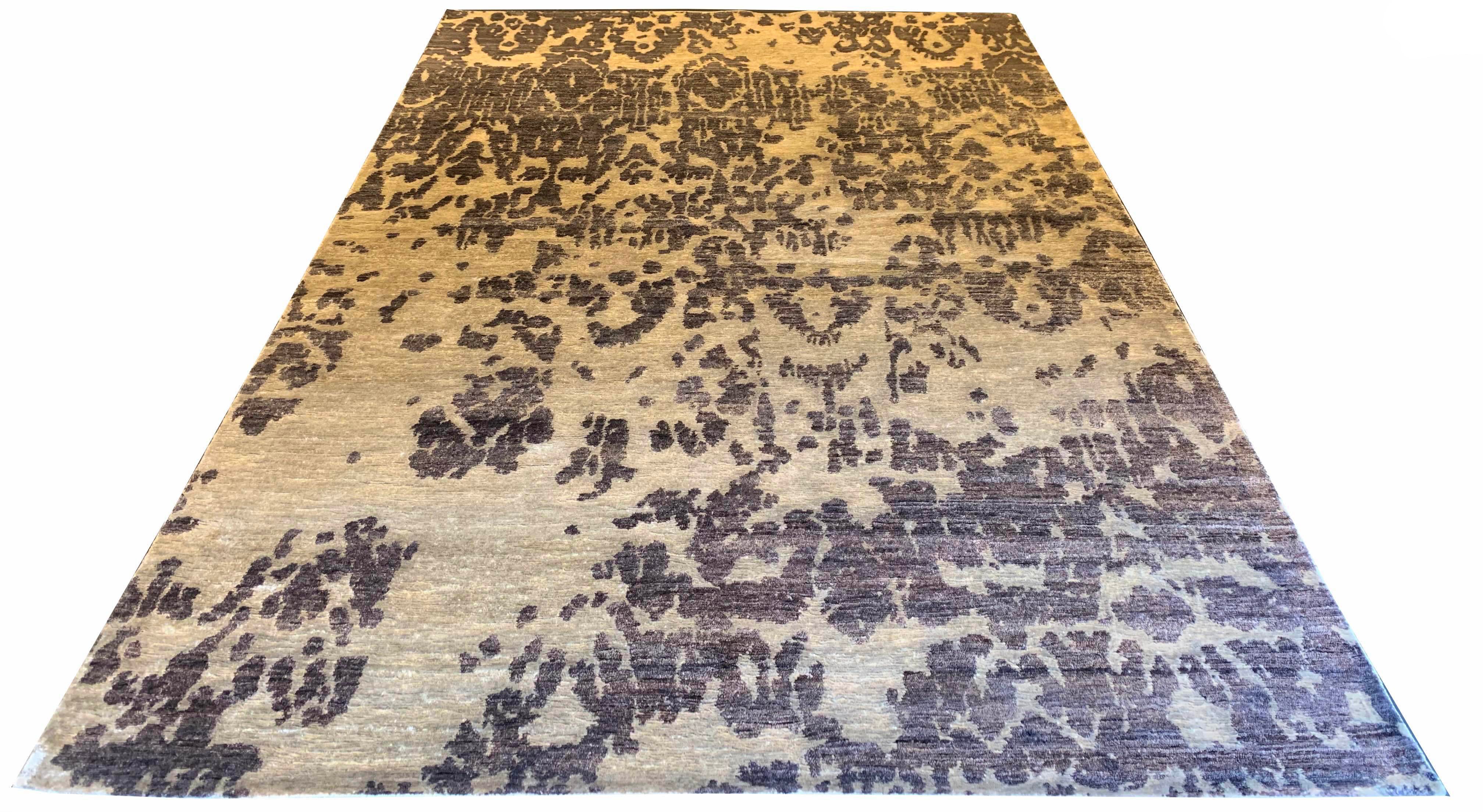 Lustrous handmade modern rug in 100% bamboo silk with a distressed beige and brown abstract design #7791.