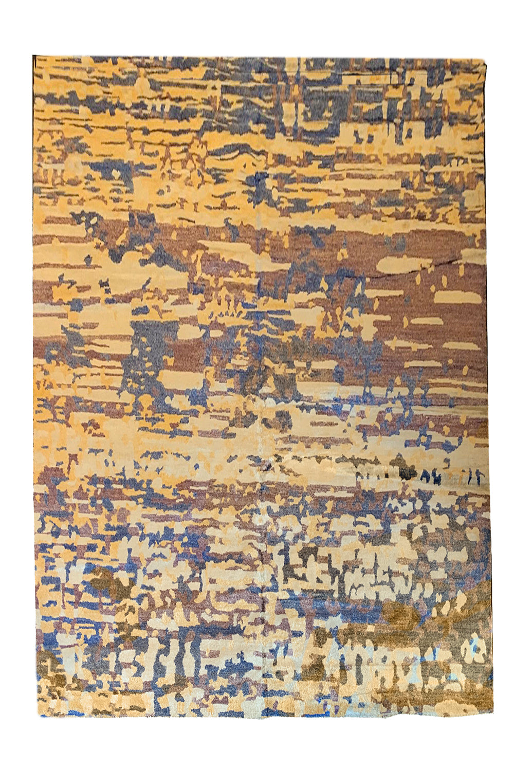 Lustrous handmade modern rug in 100% bamboo silk with horizontal strokes of mustard, brown, and grey #7816.