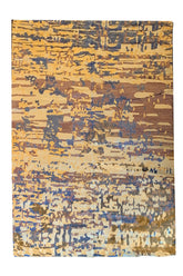 Lustrous handmade modern rug in 100% bamboo silk with horizontal strokes of mustard, brown, and grey #7816.