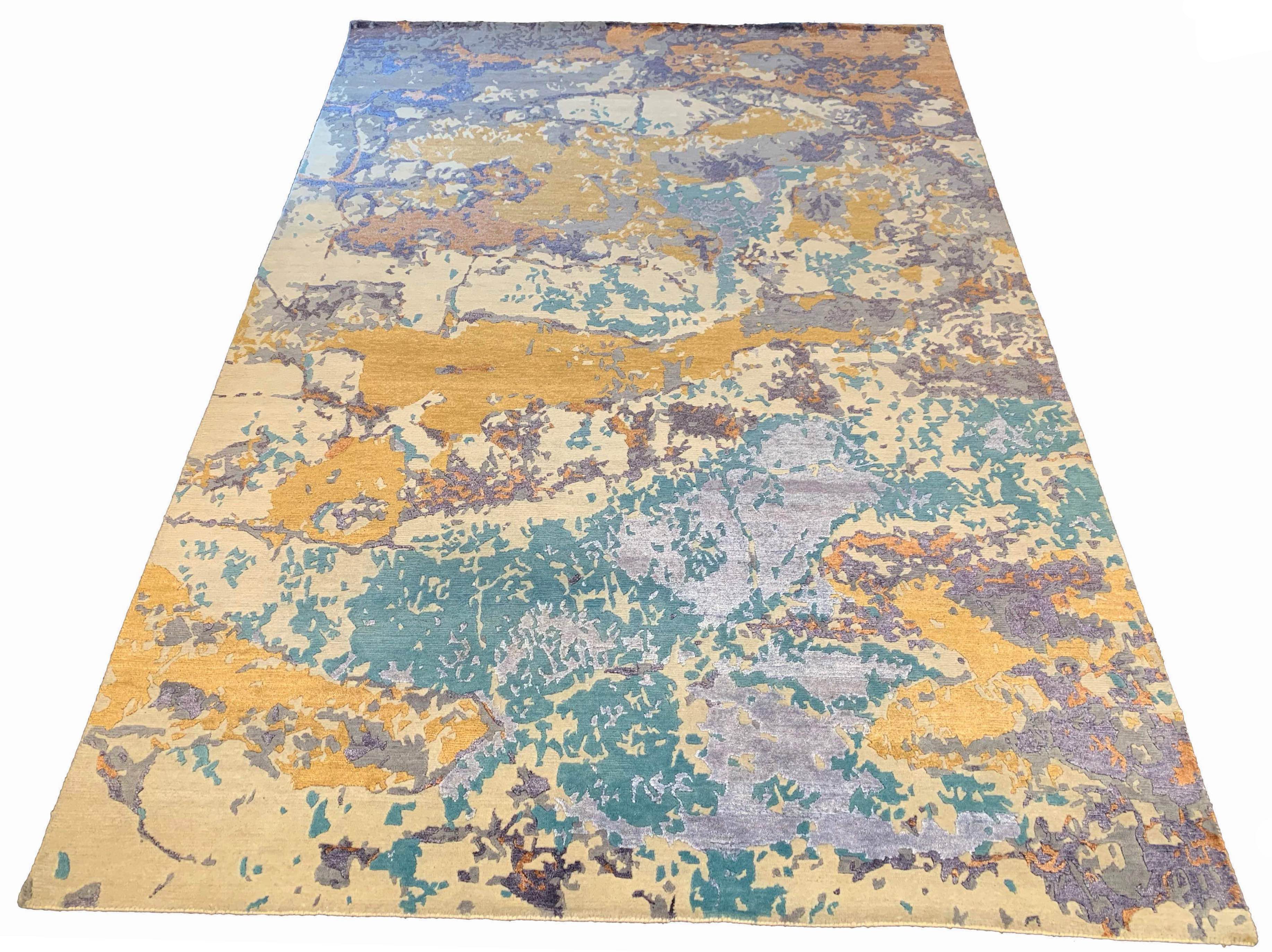 Lustrous handmade modern turquoise and mustard rug in 100% bamboo silk with a unique abstract pattern #7967.
