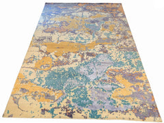 Lustrous handmade modern turquoise and mustard rug in 100% bamboo silk with a unique abstract pattern #7967.