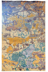 Lustrous handmade modern turquoise and mustard rug in 100% bamboo silk with a unique abstract pattern #7967.
