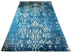 Shiny handmade modern blue rug made of 100% bamboo silk and wool with a pretty pattern #8080.