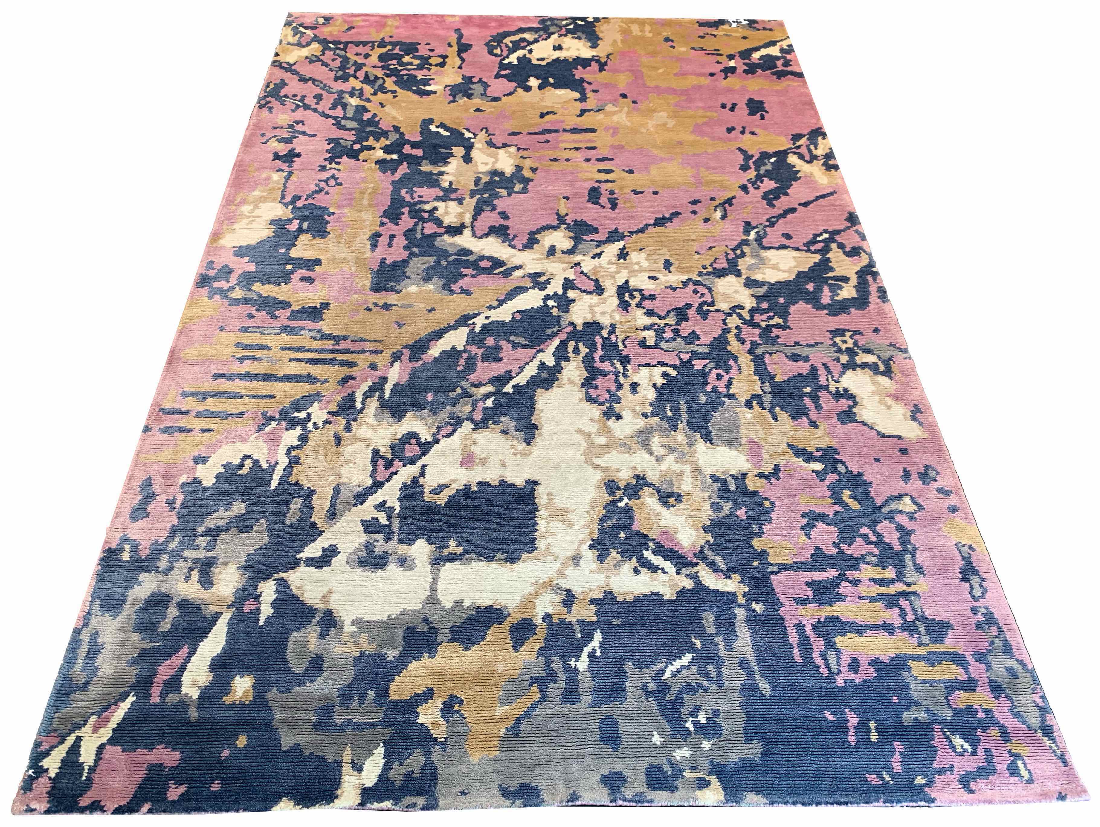 Hand-knotted modern abstract rug in 100% bamboo silk featuring shimmering pink and black painterly tones - #8050.