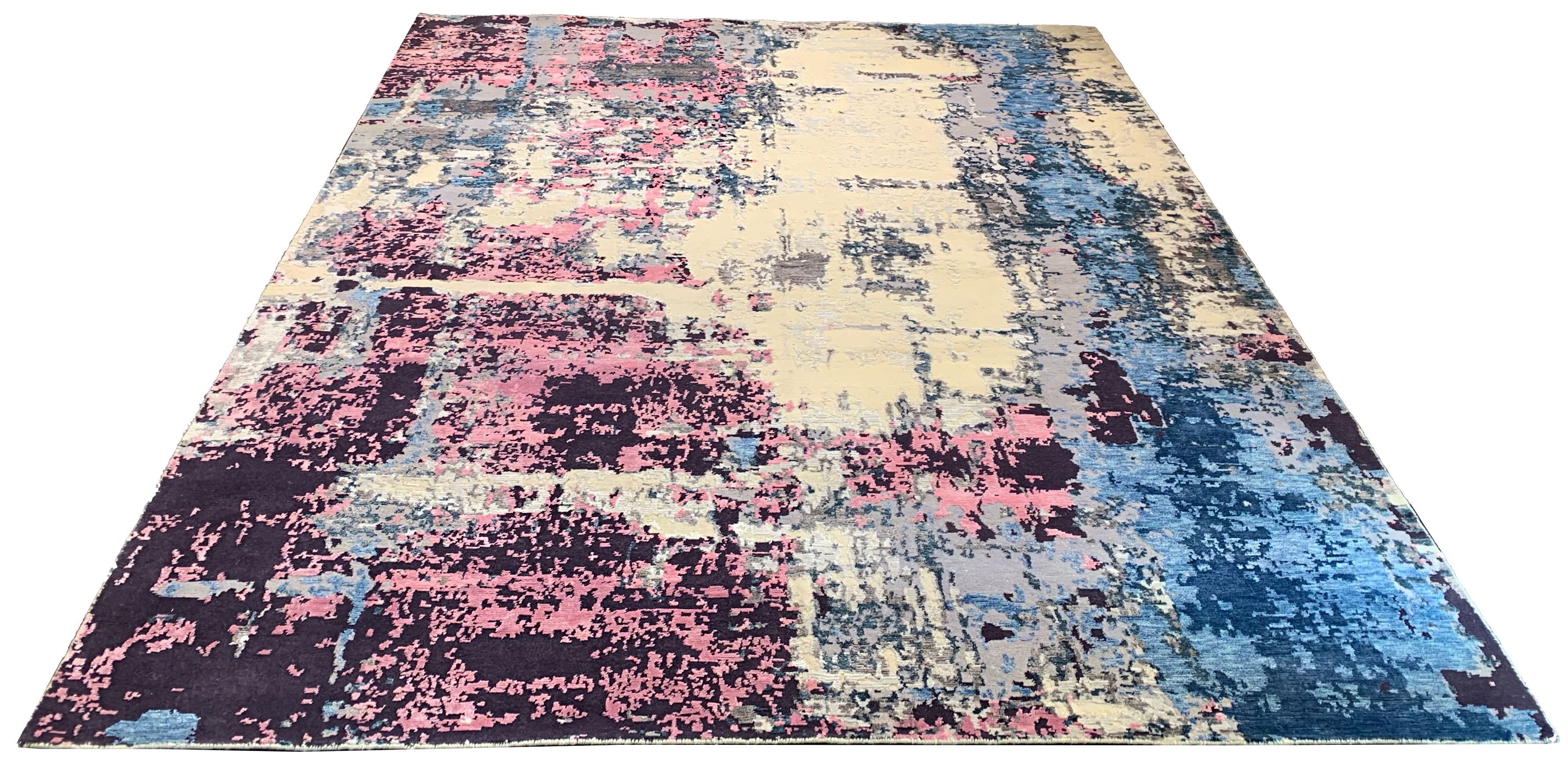 Hand-knotted modern abstract rug with a luminous painterly multi-color design in 60% bamboo silk and 40% wool - #8035.