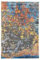 Hand-knotted modern abstract rug with a fluid painterly multi-color design in 60% bamboo silk and 40% wool - #8045.