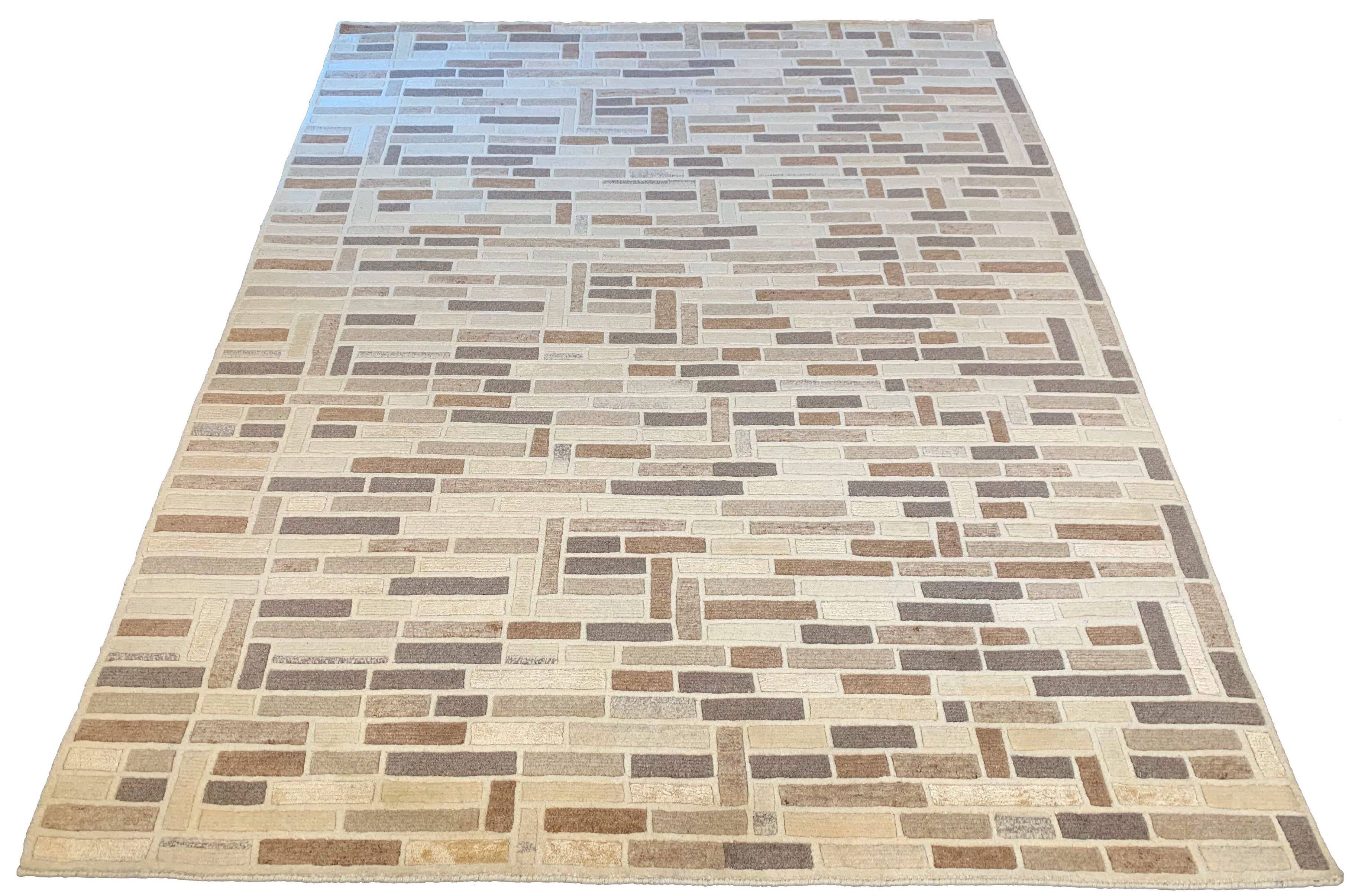 Lustrous handmade modern multi-color rug with a brick-style geometric pattern in silk and wool #7976.