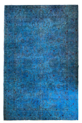 Lustrous handmade modern cerulean blue overdyed rug with a spectral floral pattern and saturated sapphire finish #6649.