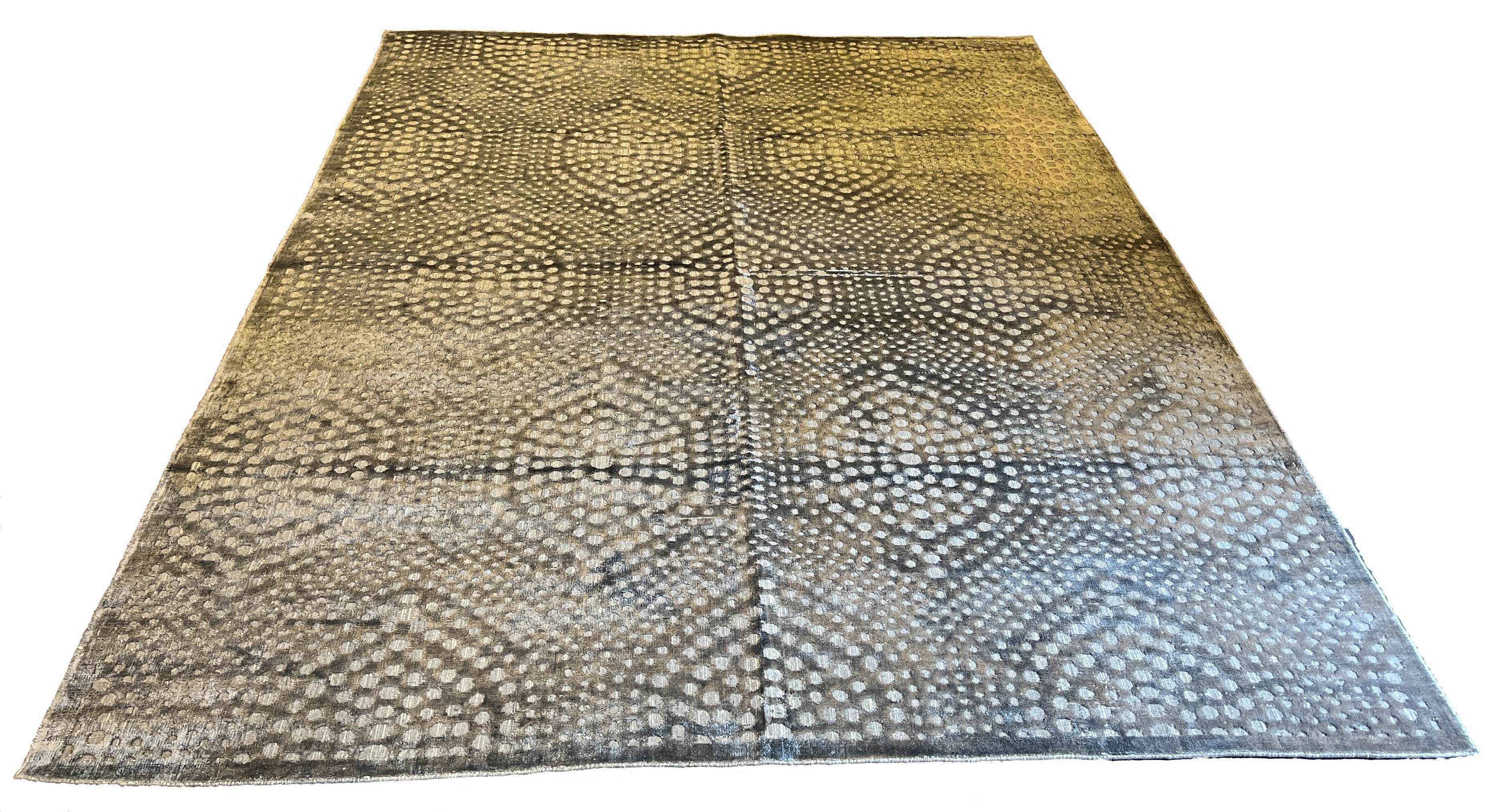 Hand-knotted modern rug in 100% bamboo silk featuring a sophisticated cut and loop textural design - #YM-A-67-2.