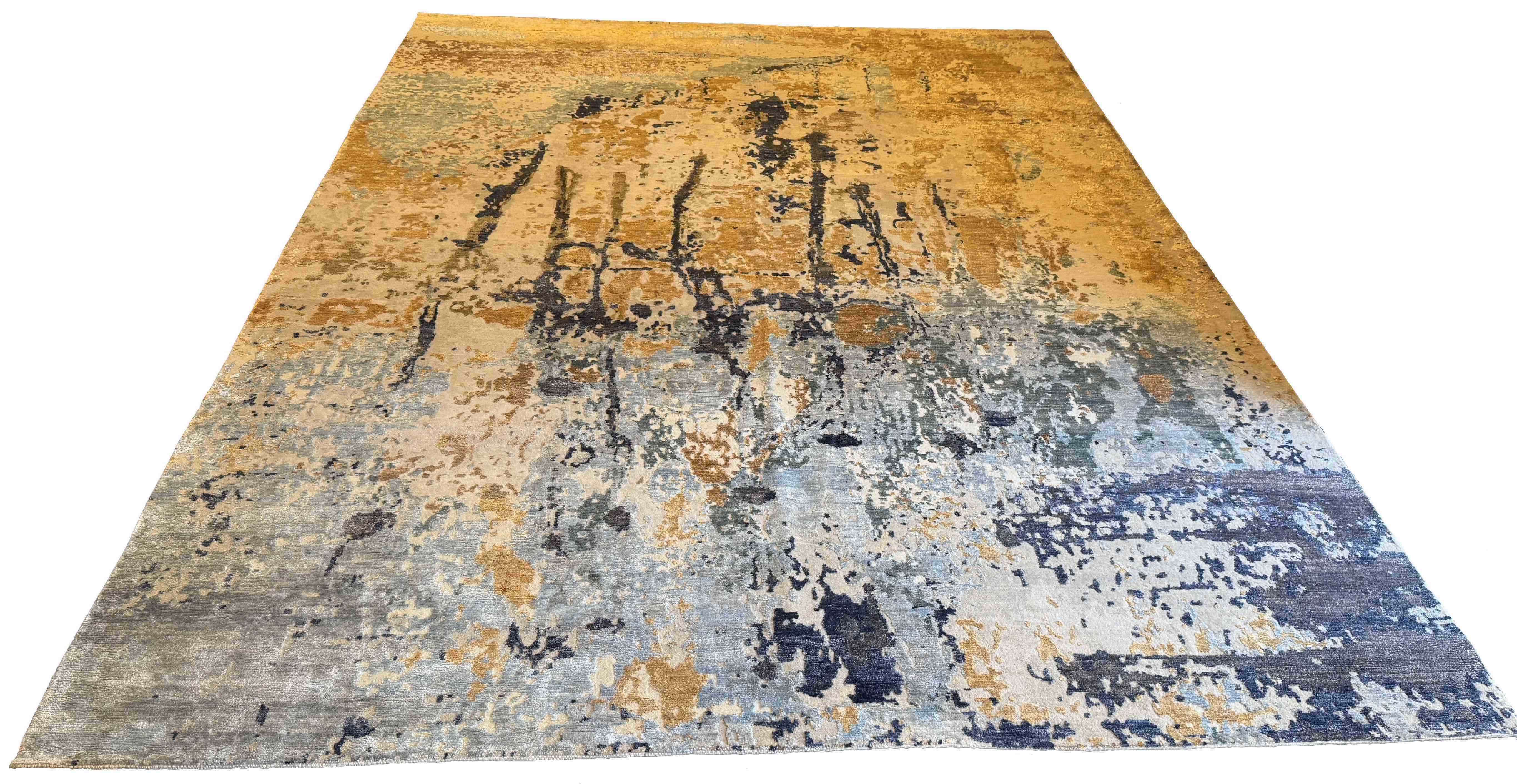 Hand-knotted modern artisan rug with luminous multi-color botanical silk and wool textures - #YM-A-87.
