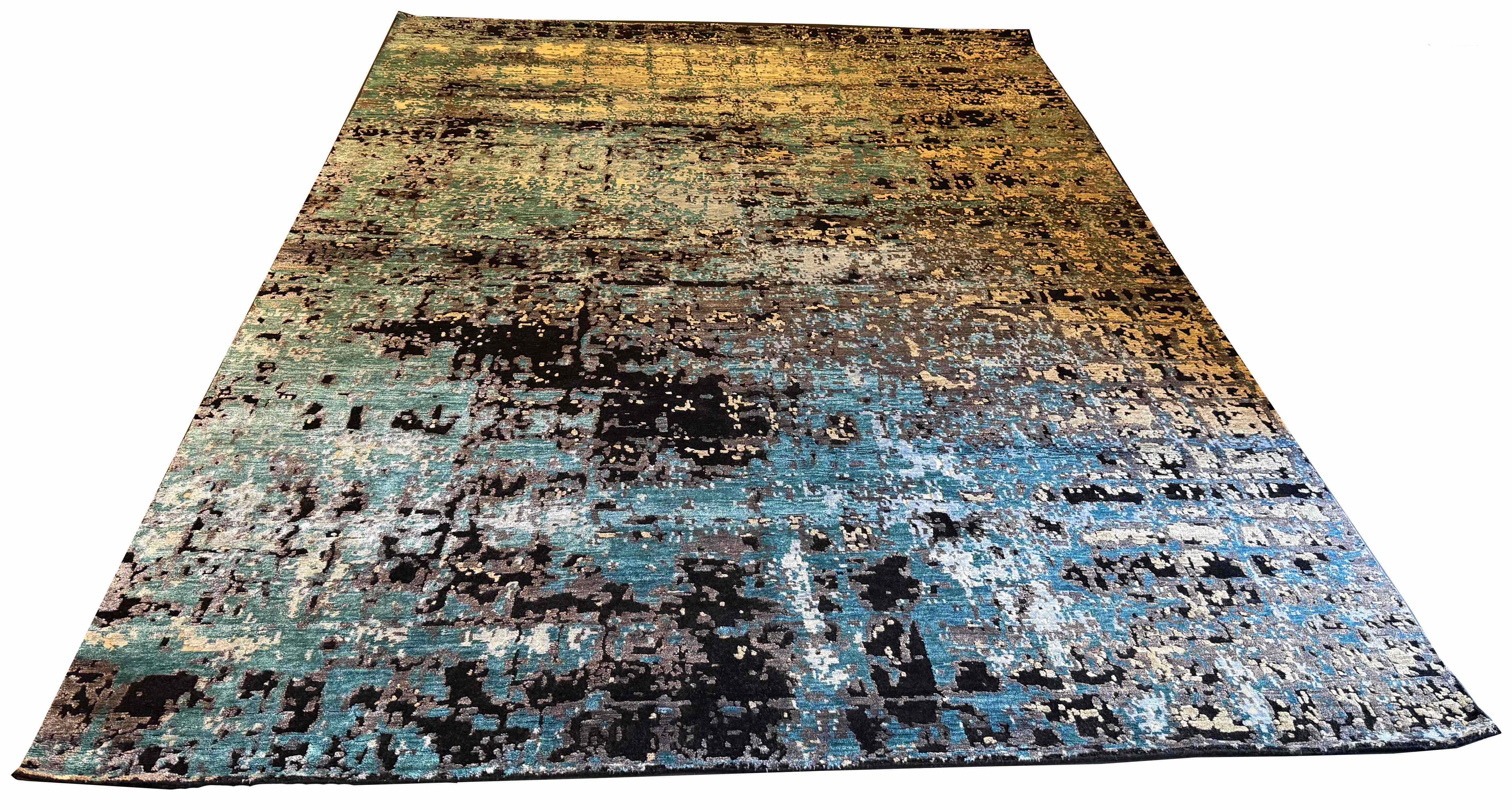 Hand-knotted modern expressionist rug with artistic multi-color patterns in 60% bamboo silk and 40% wool - #YM-A-88.