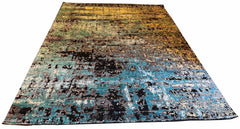 Hand-knotted modern expressionist rug with artistic multi-color patterns in 60% bamboo silk and 40% wool - #YM-A-88.