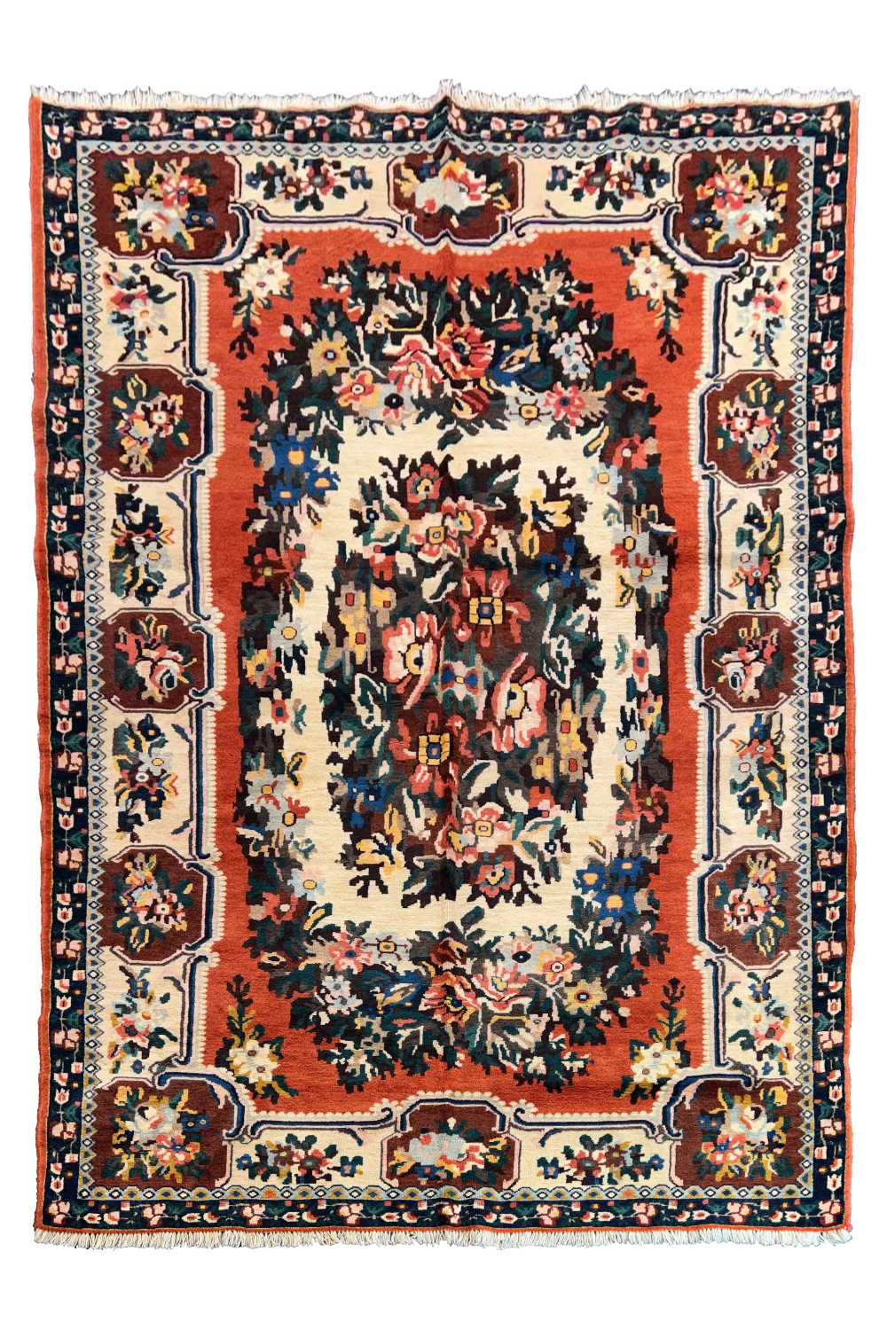 Flat lay top view of hand-knotted Moldavian rug 7569; dark field with vibrant rose floral bouquets in pink and green wool.