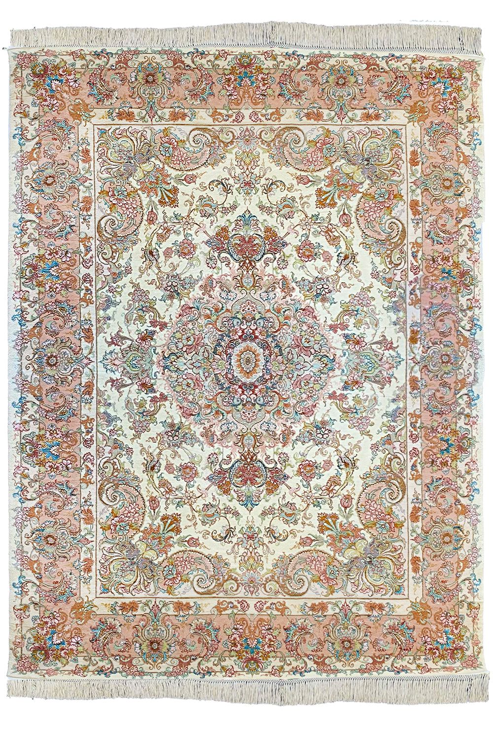 Hand-knotted Persian Beige Tabriz rug in wool on a silk foundation featuring peach floral motifs #5616.
