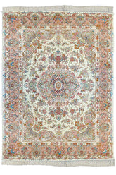 Hand-knotted Persian Beige Tabriz rug in wool on a silk foundation featuring peach floral motifs #5616.