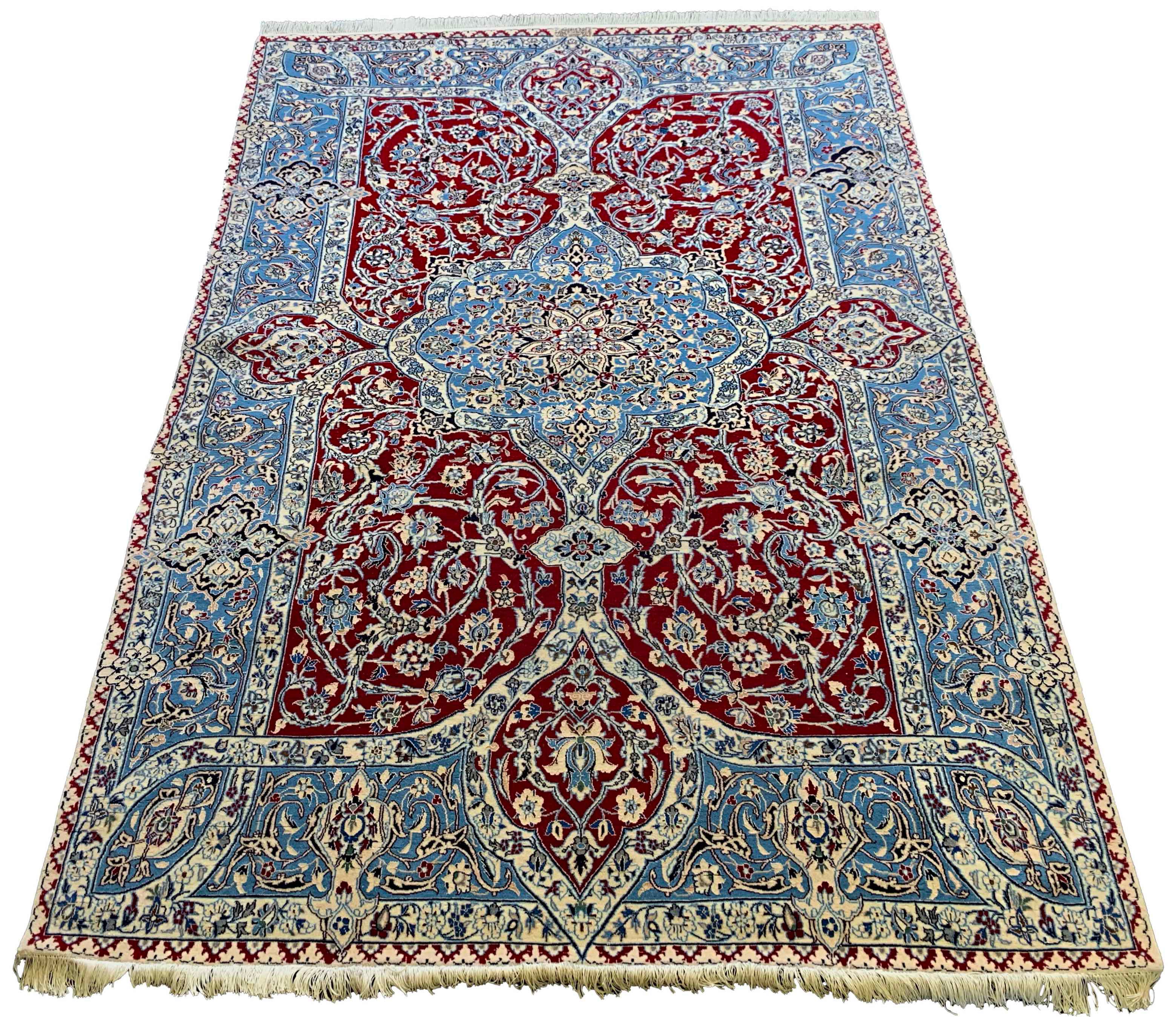 Hand-knotted Persian Red Nain Shish-La rug in wool and silk on a cotton foundation featuring blue floral motifs #1988.