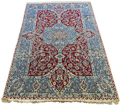 Hand-knotted Persian Red Nain Shish-La rug in wool and silk on a cotton foundation featuring blue floral motifs #1988.