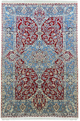 Hand-knotted Persian Red Nain Shish-La rug in wool and silk on a cotton foundation featuring blue floral motifs #1988.