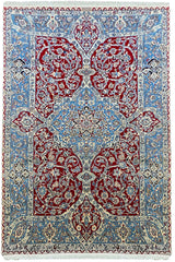 Hand-knotted Persian Red Nain Shish-La rug in wool and silk on a cotton foundation featuring blue floral motifs #1988.