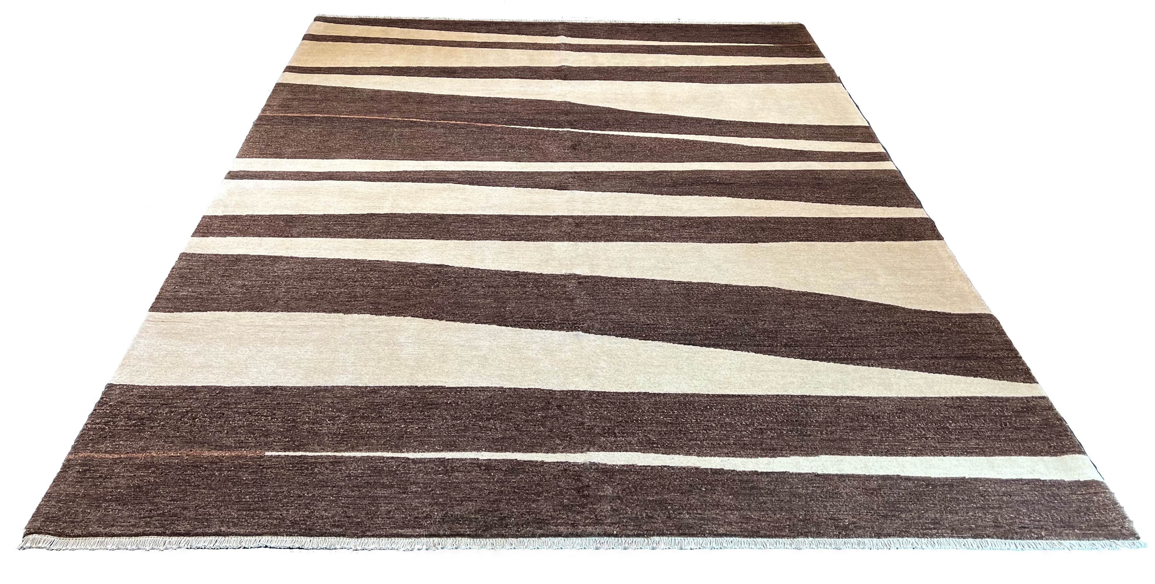 Hand-knotted Persian Zebra design Gabbeh rug in cream and chocolate brown wool on a cotton foundation #4540.
