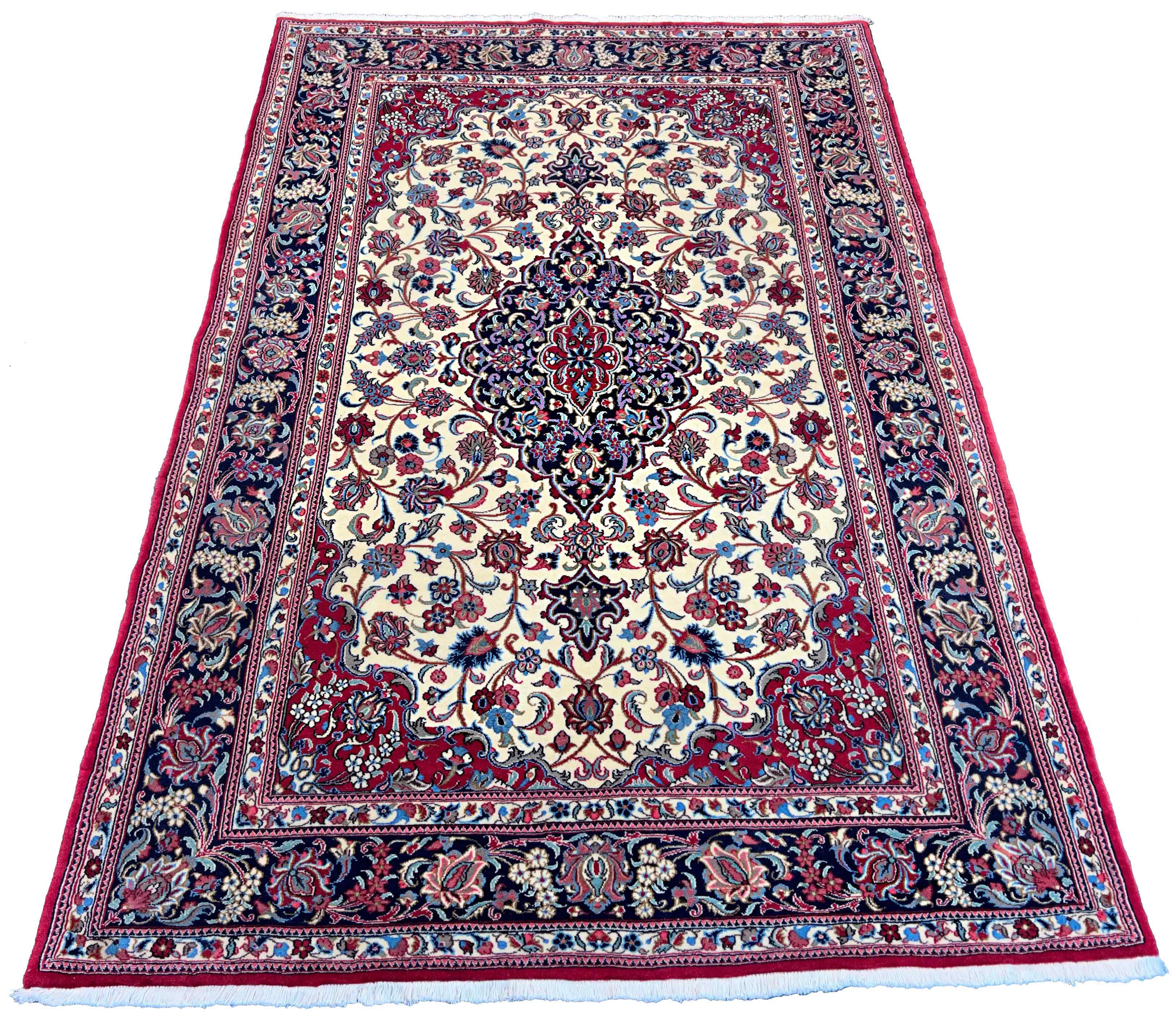 Hand-knotted Qom rug in 100% kork wool on a cotton base featuring an indigo Keshan medallion and floral vines - #8109.