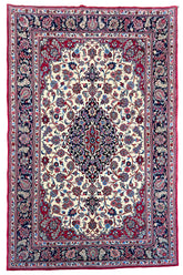 Hand-knotted Qom rug in 100% kork wool on a cotton base featuring an indigo Keshan medallion and floral vines - #8109.