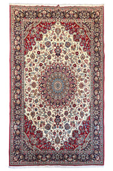 Hand-knotted Qom rug in 100% kork wool on a cotton base featuring a multi-layered floral medallion and ivory field - #8091.
