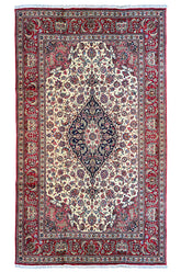 Hand-knotted Qom rug featuring a precise navy central medallion on an ivory floral field in 100% kork wool - #8097.