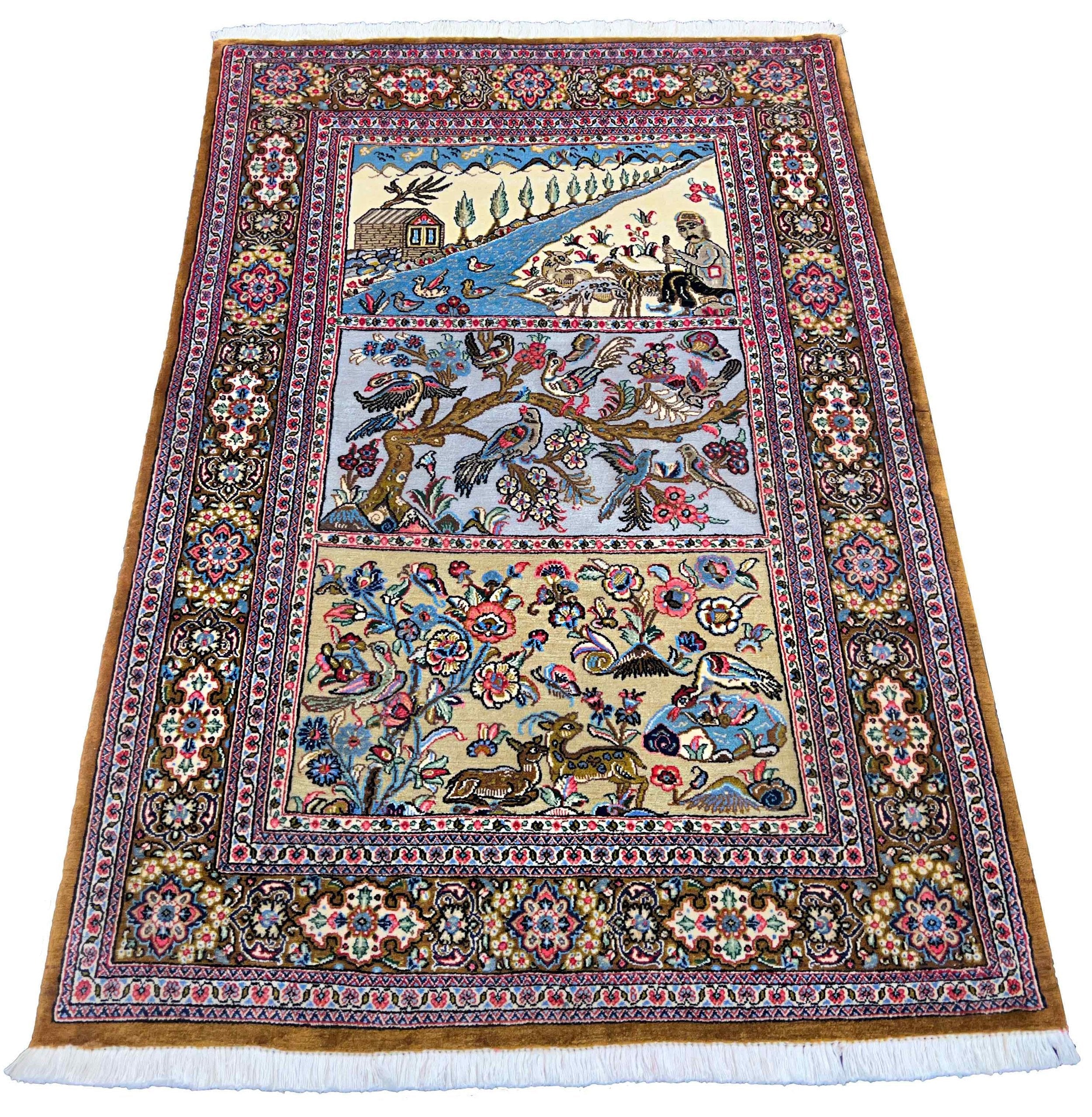 Hand-knotted Qom pictorial rug in 100% kork wool on a cotton base featuring a three-panel narrative of birds, deer, and pastoral life - #8130.